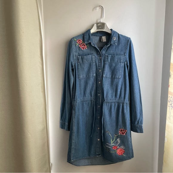 Divided Dresses & Skirts - Boho Embroidered Denim Dress 100% Cotton Draw String Waist Long Sleeves size 4